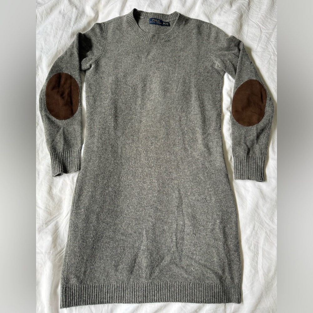 Polo grey sweater dress with brown leather elbow patches